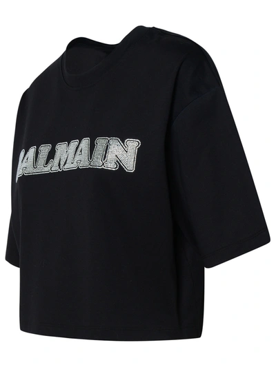 Shop Balmain Woman T-shirt Crop Logo Strass In Black