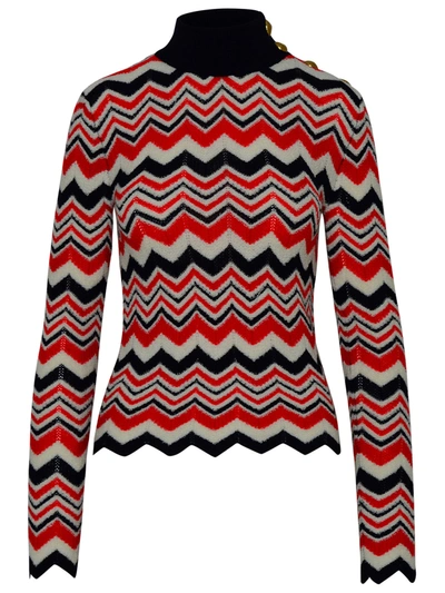 Shop Balmain Woman Turtleneck Sweater In Blue And Red Wool Blend In Multicolor