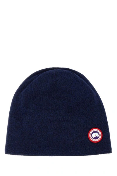 Shop Canada Goose Man Melange Navy Blue Stretch Wool Blend Beanie Hat