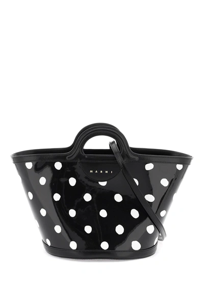 Shop Marni Patent Leather Tropicalia Bucket Bag With Polka-dot Pattern Women In Black