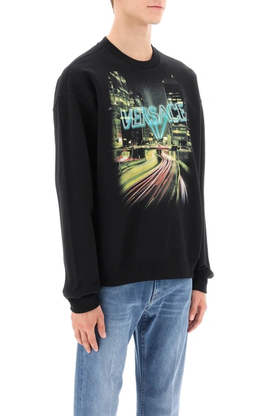 Shop Versace Crew-neck Sweatshirt With City Lights Print Men In Black
