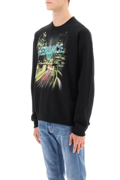 Shop Versace Crew-neck Sweatshirt With City Lights Print Men In Black