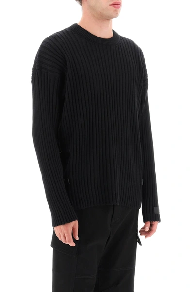 Shop Versace Ribbed-knit Sweater With Leather Straps Men In Black