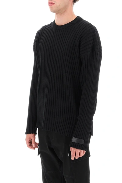 Shop Versace Ribbed-knit Sweater With Leather Straps Men In Black
