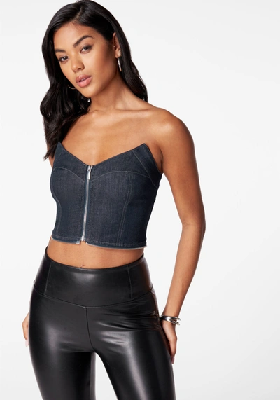 Bebe Removable Peplum Zip Front Denim Bustier In Midnight Blue Wash