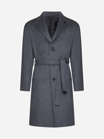 Shop Lardini Wool Belted Coat In Grey
