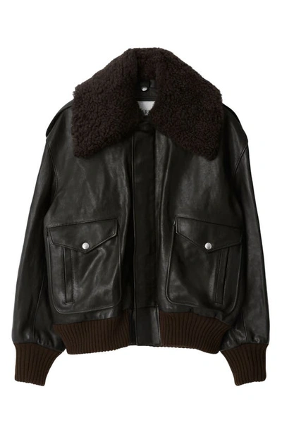 Shop Burberry Leather Bomber Jacket With Removable Genuine Shearling Trim In Otter