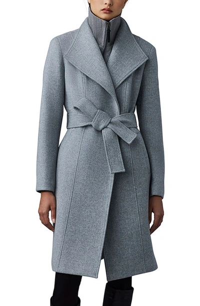 Shop Mackage Nori-k Belted Double Face Wool Coat With Wool Blend Bib In Grey Melange