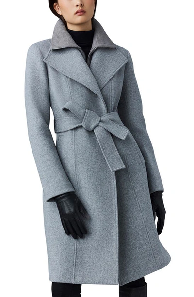 Shop Mackage Nori-k Belted Double Face Wool Coat With Wool Blend Bib In Grey Melange