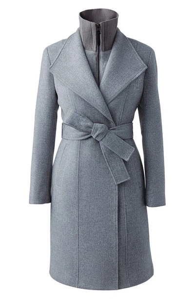 Shop Mackage Nori-k Belted Double Face Wool Coat With Wool Blend Bib In Grey Melange