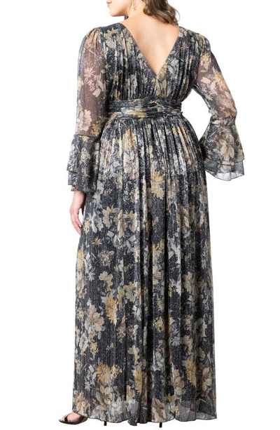 Shop Kiyonna Gilded Glamour Long Sleeve Faux Wrap Gown In Gilded Florals