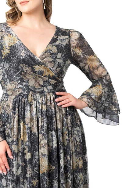 Shop Kiyonna Gilded Glamour Long Sleeve Faux Wrap Gown In Gilded Florals