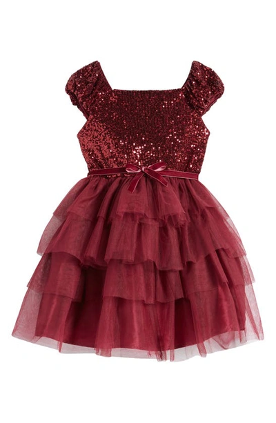Shop Zunie Kids' Cap Sleeve Sequin Tiered Tulle Party Dress In Burgundy
