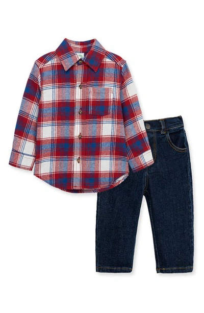 Shop Little Me Plaid Button-up Shirt & Jeans Set In Blue