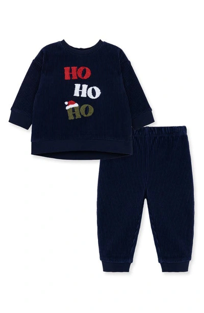 Shop Little Me Ho Ho Ho Velour Corduroy Sweatshirt & Joggers Set In Blue