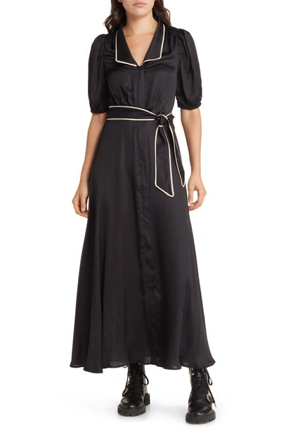 Shop The Great The Melody Belted Puff Sleeve Maxi Dress In Black W/ Cream Piping