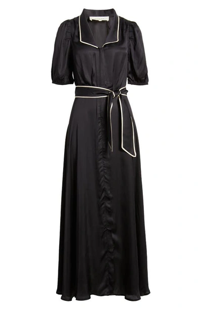 Shop The Great The Melody Belted Puff Sleeve Maxi Dress In Black W/ Cream Piping