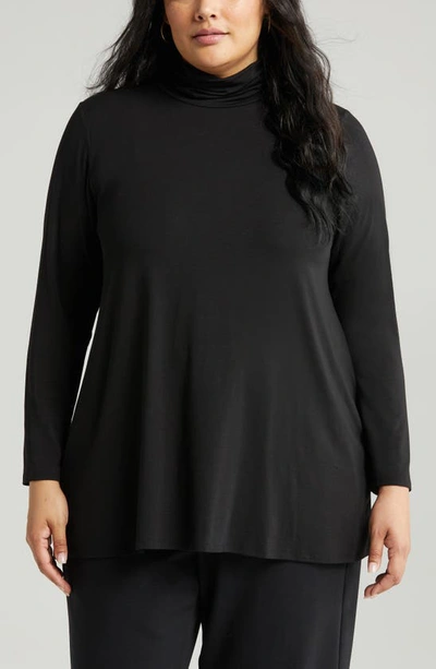 Shop Eileen Fisher Scrunch Neck Long Sleeve Tunic T-shirt In Black