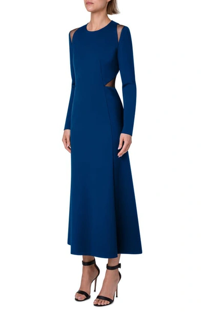 Akris Cutout Detail Long Sleeve Stretch Silk Midi Dress In 179 Denim