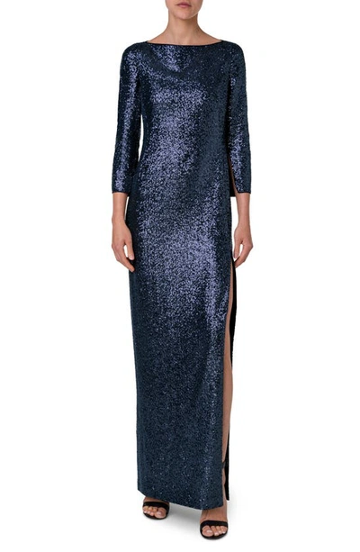 Shop Akris Bateau Neck Sequin Column Gown In 097 Navy