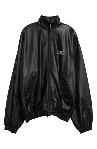 Shop Balenciaga 3b Logo Oversize Leather Track Jacket In Black