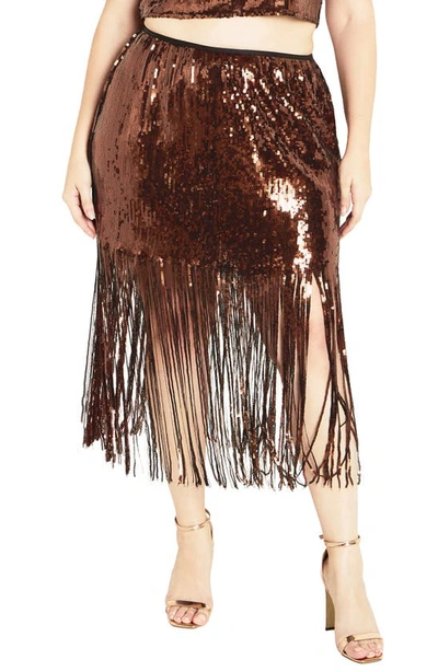 Shop City Chic Savanna Sequin Fringe Skirt In Bronze