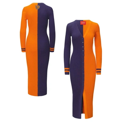 Shop Staud Navy/orange Chicago Bears Shoko Knit Button-up Sweater Dress