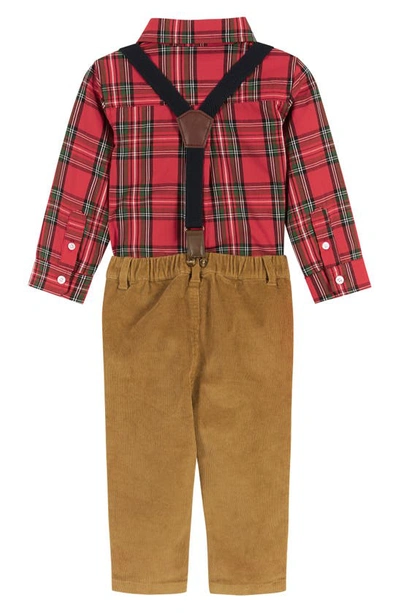 Shop Andy & Evan Holiday Plaid Flannel Bodysuit, Suspender Pants & Bow Tie Set In Red Plaid