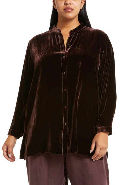 Shop Eileen Fisher Band Collar Velvet Longline Button-up Shirt In Cassis