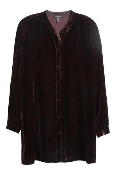 Shop Eileen Fisher Band Collar Velvet Longline Button-up Shirt In Cassis