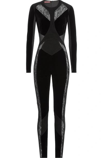Tamara Mellon Suede, Velvet And Lace Jumpsuit In Black
