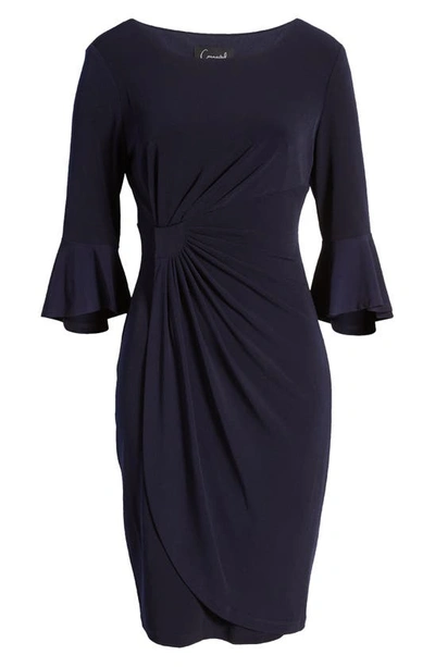 Shop Connected Apparel Ruched Bell Sleeve Faux Wrap Cocktail Dress In Navy