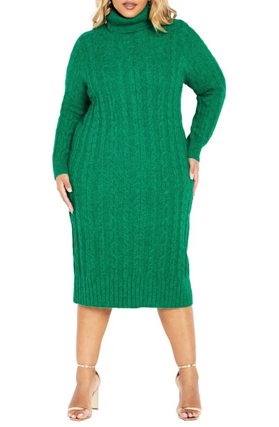 Shop City Chic Kenzi Cable Knit Turtleneck Sweater Dress In Greenstone