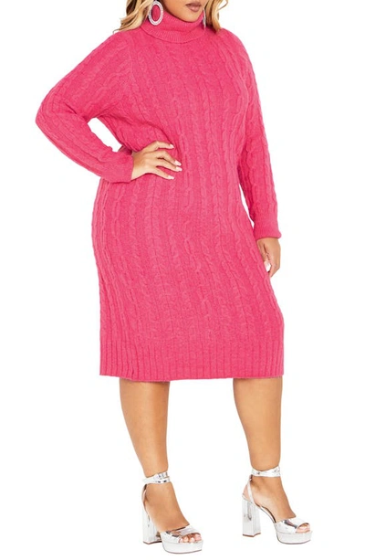 Shop City Chic Kenzi Cable Knit Turtleneck Sweater Dress In Vibrant Pink