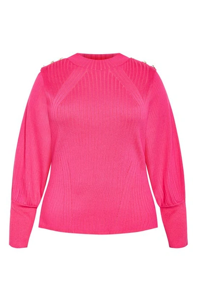 Shop City Chic Isabella Rib Button Shoulder Sweater In Vibrant Pink