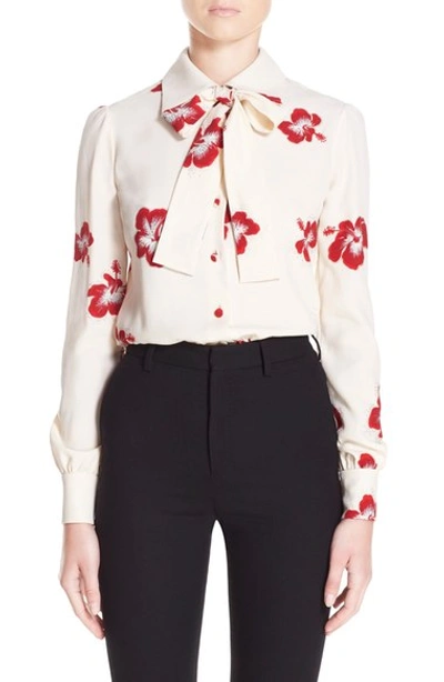Saint Laurent Floral Collar Lavalliere Blouse In Creme Red Silver