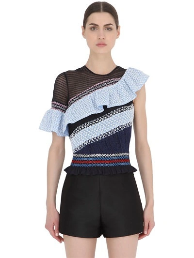 Shop Peter Pilotto Embroidered Ruffled Lace & Chiffon Top, Navy/light Blue