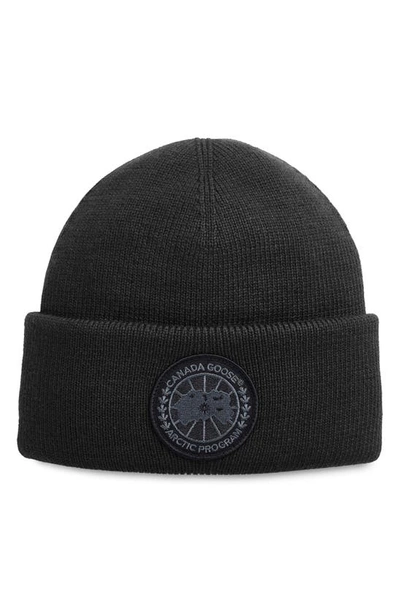 Shop Canada Goose Logo Patch Thermal Merino Wool Beanie In Black