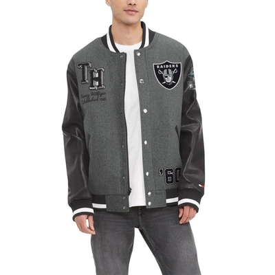 Shop Tommy Hilfiger Heather Gray/black Las Vegas Raiders Gunner Full-zip Varsity Jacket