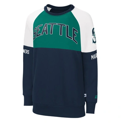 Shop Starter Navy/green Seattle Mariners Baseline Raglan Pullover Sweatshirt