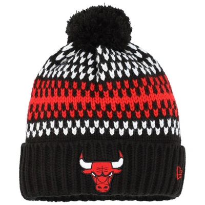 Shop New Era Girls Youth   Black Chicago Bulls Cozy Cuffed Knit Hat With Pom