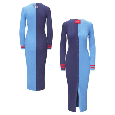 Shop Staud Navy/light Blue Tennessee Titans Shoko Knit Button-up Sweater Dress