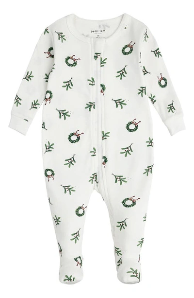 Shop Firsts By Petit Lem Wreath Print Fitted Organic Cotton One-piece Pajamas In Owh Off White