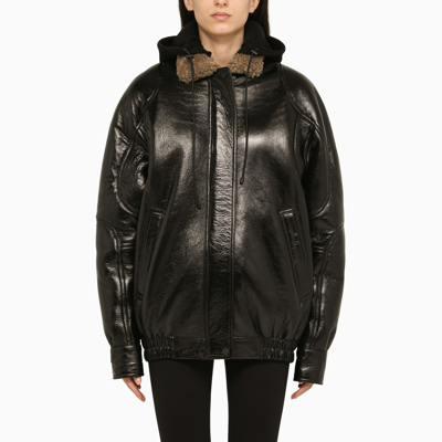 Shop The Mannei Black Leather Bomber Jacket