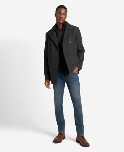 Shop Kenneth Cole Wool Double-breasted Peacoat With Ribbed Bib In Charcoal