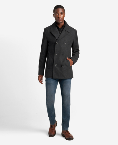 Shop Kenneth Cole Wool Double-breasted Peacoat With Ribbed Bib In Charcoal