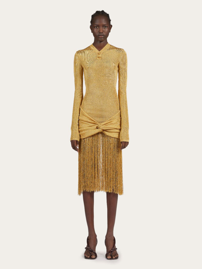 Shop Ferragamo Woman Midi Lurex Dress With Fringed Skirt In Gold