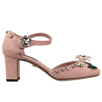 Pre-owned Dolce & Gabbana Crystal Lily Brooch Brocade Ankle Strap Pumps Vally Pink 13072