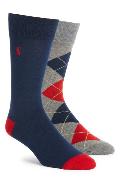 Shop Polo Ralph Lauren Argyle 2-pack Stretch Cotton Blend Socks In Grey Navy