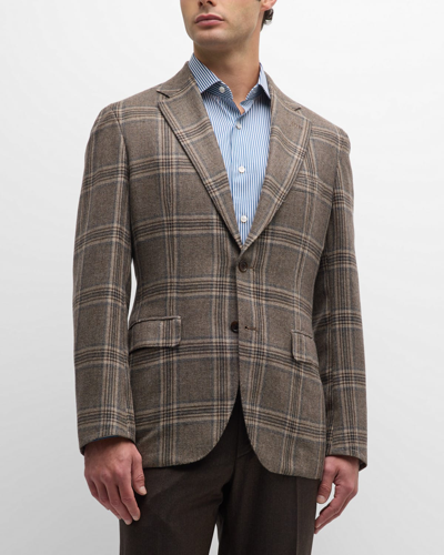 Shop Brioni Men's Wool-cashmere Plaid Sport Coat In Brown Grey